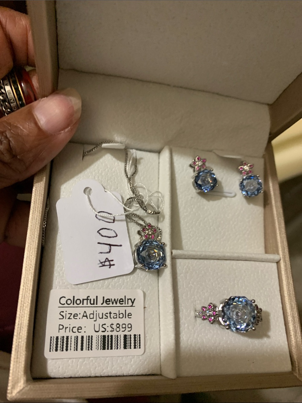Aquamarine Jewelry Blue Crystal Pendant, Earrings & Ring Set - (New Gift Set)